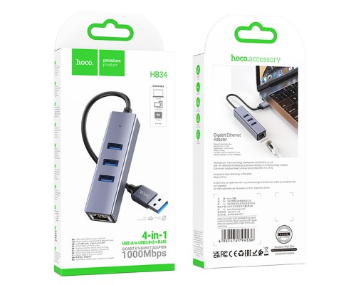 Переходник HUB Hoco HB34 Easy link USB Gigabit Ethernet adapter (USB to USB3.0*3+RJ45) (00000066081_1)