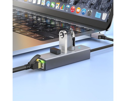 Переходник HUB Hoco HB34 Easy link USB Gigabit Ethernet adapter (USB to USB3.0*3+RJ45) (00000066081_1)