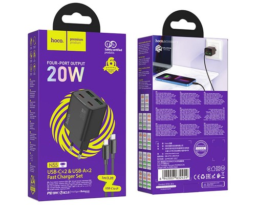 СЗУ Hoco N55 Fundador PD20W four-port (2USB-A/2C) + Type-C to Lightning (00000074138_1)