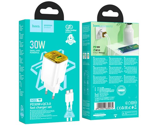 СЗУ Hoco N53 Monsoon PD30W+QC3.0 (1USB-A/1C) + Type-C to Type-C (00000074140_1)