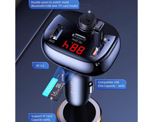АЗУ Usams US-CC143 C25 50W 2A+C 3 Ports Digital Display Wireless FM Car Charger (00000051951_1)
