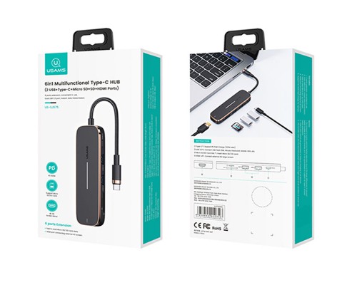 Переходник HUB Usams US-SJ575 6in1 Multifunctional (Type-C to 2USB+Type-C+Micro SD+SD+HDMI ports) (00000062698_1)
