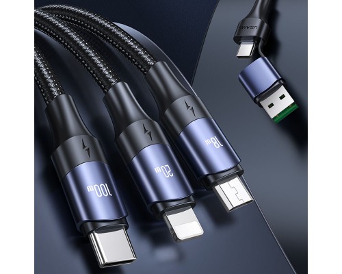 Дата кабель Usams US-SJ511 U71 All in One Aluminum Alloy USB + Type-C to Triple Head 3in1 100W(1.2m) (00000062677_1)