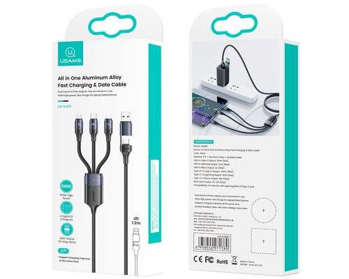 Дата кабель Usams US-SJ511 U71 All in One Aluminum Alloy USB + Type-C to Triple Head 3in1 100W(1.2m) (00000062677_1)