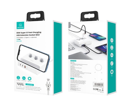 СЗУ Usams US-CC160 P1 65W Super Si Fast Charging USB Extension Socket (00000062679_1)
