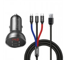 АЗУ Baseus Digital Display Dual USB 4.8A Car Charger 24W with Three Primary Colors 3-in-1 Cable USB (00000039342_1)