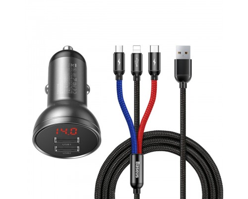 АЗУ Baseus Digital Display Dual USB 4.8A Car Charger 24W with Three Primary Colors 3-in-1 Cable USB (00000039342_1)
