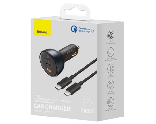 АЗУ Baseus Qualcomm® QC5 Multi-Port 2xType-C+USB 160W (with cable Type-C to Type-C 100W (20V/5A) 1m) (00000057588_1)