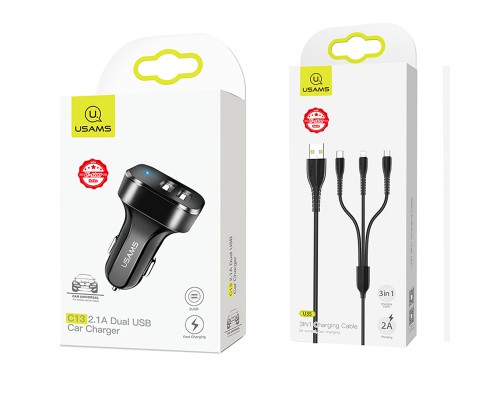 АЗУ Usams C13 2.1A Dual USB + U35 3IN1 Charging Cable (1m) (00000034561_1)