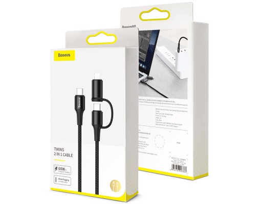 Дата кабель Baseus Twins 2in1 cable Type-C to Type-C 60W (20V/3A) + Lightning 18W (9V/2A) (1m) (00000049182_1)