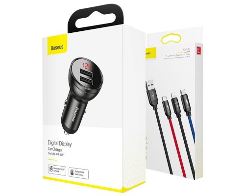 АЗУ Baseus Digital Display Dual USB 4.8A Car Charger 24W with Three Primary Colors 3-in-1 Cable USB (00000039342_1)