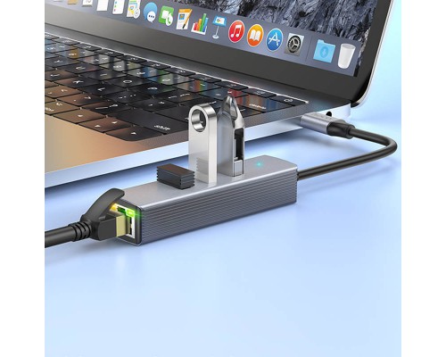 Переходник HUB Hoco HB34 Easy link Type-C Gigabit network adapter (Type-C to USB3.0*3+RJ45) (00000066079_1)