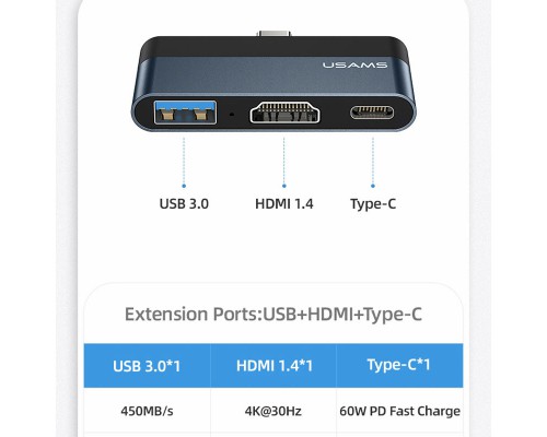 Переходник HUB Usams US-SJ492 Type-C Mini Hub (USB + HDMI + Type-C) (00000049256_1)
