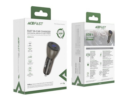 АЗУ Acefast B10 metal car charger 60W (USB-C + USB-C) with digital display (00000065900_1)