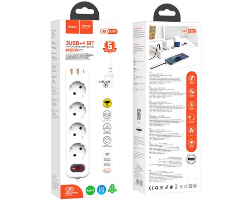 Удлинитель Hoco NS1 Aura PD20W (2USB/1Type-C/4xSocket) (00000064556_1)