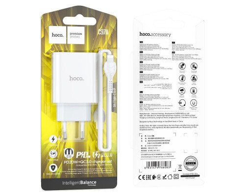 СЗУ HOCO C97A PD20W+QC3.0 (1USB/1Type-C/3A) + Type-C to Lightning (00000062808_1)