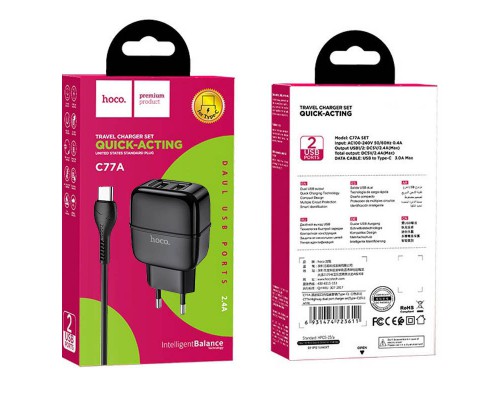 СЗУ Hoco C77A (2USB/2.4A) + Type-C (00000039233_2)