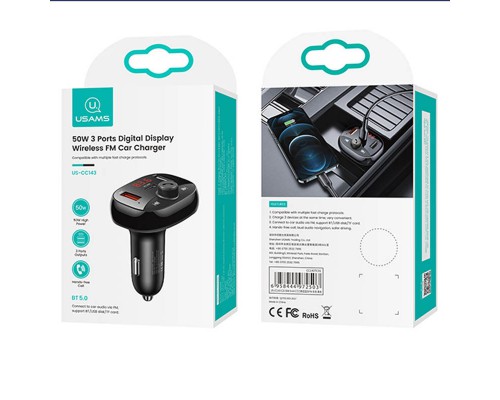 АЗУ Usams US-CC143 C25 50W 2A+C 3 Ports Digital Display Wireless FM Car Charger (00000051951_1)