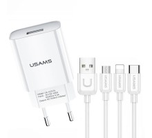 СЗУ USAMS-LT T18 Single USB Travel Charger (EU) +3IN1 Charging Cable-U Turn Series (00000049237_1)