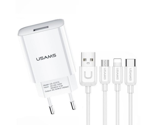 СЗУ USAMS-LT T18 Single USB Travel Charger (EU) +3IN1 Charging Cable-U Turn Series (00000049237_1)