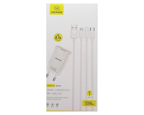 СЗУ USAMS-LT T18 Single USB Travel Charger (EU) +3IN1 Charging Cable-U Turn Series (00000049237_1)